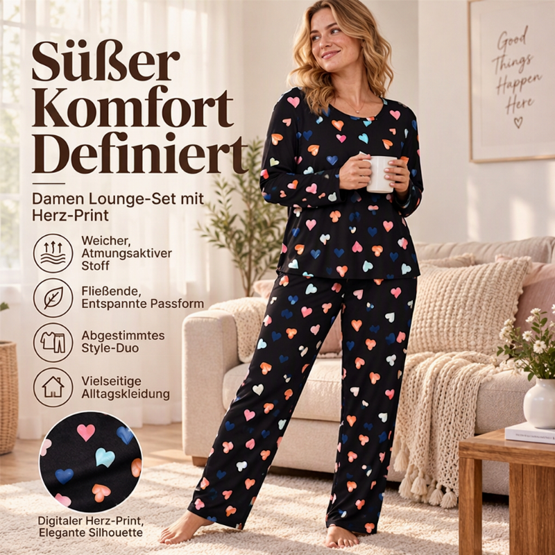 ✨Neu Eingetroffen! Damen Schlafanzug-Set mit Herzprint und Langarm