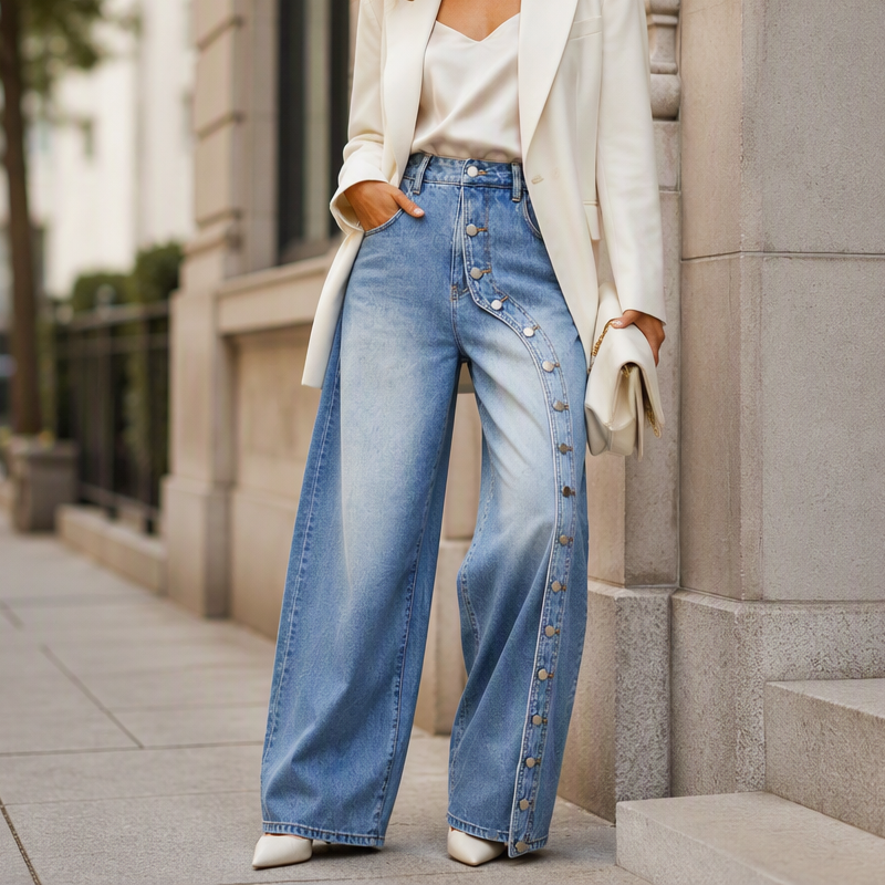 🎉Top Angebot! Jetzt kaufen!🎉 Damen Vintage Weite-Jeans mit seitlichen Knöpfen