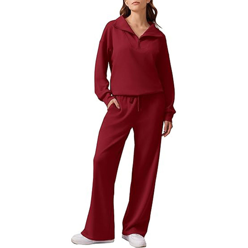 📢🎉50%Rabatt!!!🛍️✨Damen-Set mit halbem Reißverschluss, Kragenoberteil und weiten Hosen