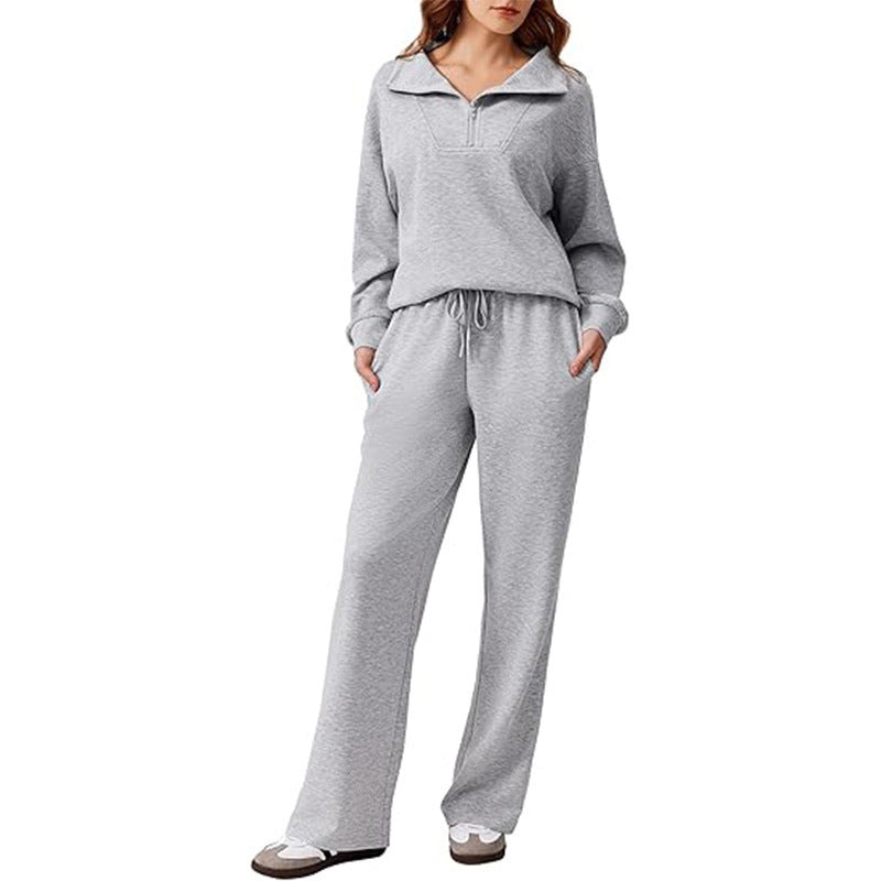 📢🎉50%Rabatt!!!🛍️✨Damen-Set mit halbem Reißverschluss, Kragenoberteil und weiten Hosen