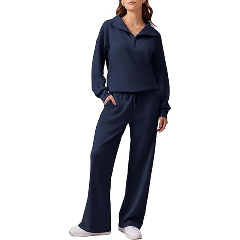 📢🎉50%Rabatt!!!🛍️✨Damen-Set mit halbem Reißverschluss, Kragenoberteil und weiten Hosen