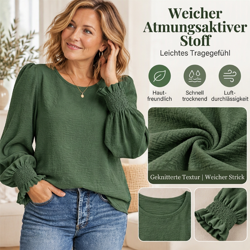 🔥 Nur heute 50 %! Elegantes Damen-Top mit Rundhalsausschnitt und gerafften Ärmelabschlüssen