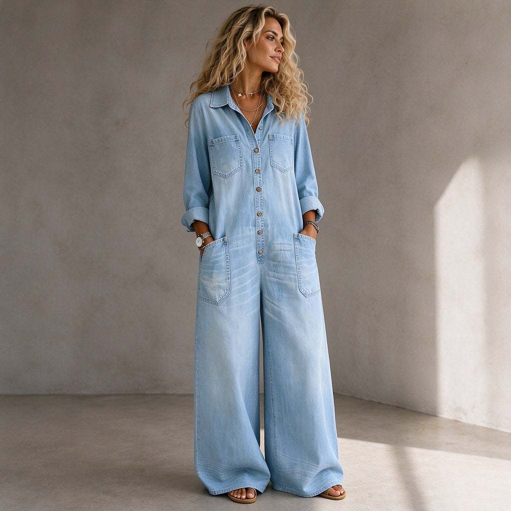 🚨Nur noch wenige auf Lager! Beeil dich!🚨 Damen Jeans Overall im Vintage-Look mit Kragen