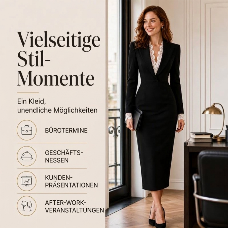 ⏰ Countdown läuft – 50% nur noch 3 Tage! Tailliertes Langarm-Kleid für Damen mit Spitzeneinsatz am Revers
