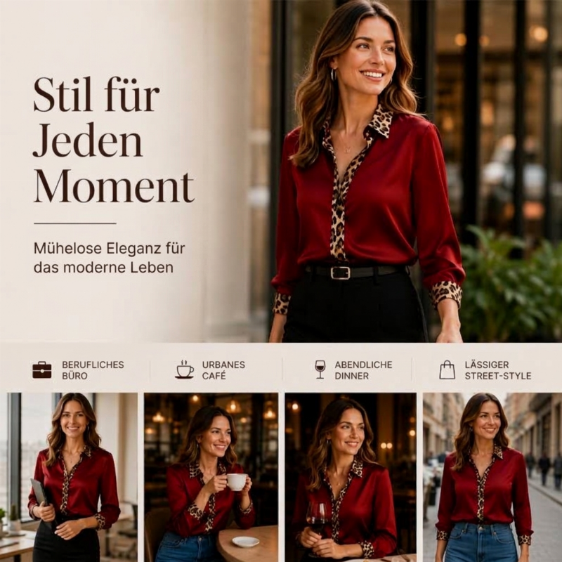 ✨ Neu eingetroffen – Nur heute 50 %! Damen-Satinbluse mit Leoparden-Patchwork