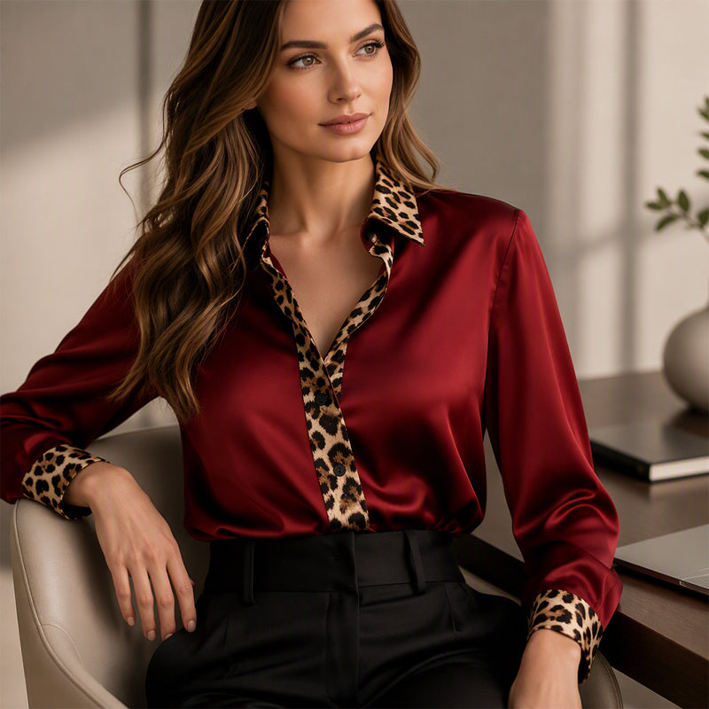 ✨ Neu eingetroffen – Nur heute 50 %! Damen-Satinbluse mit Leoparden-Patchwork