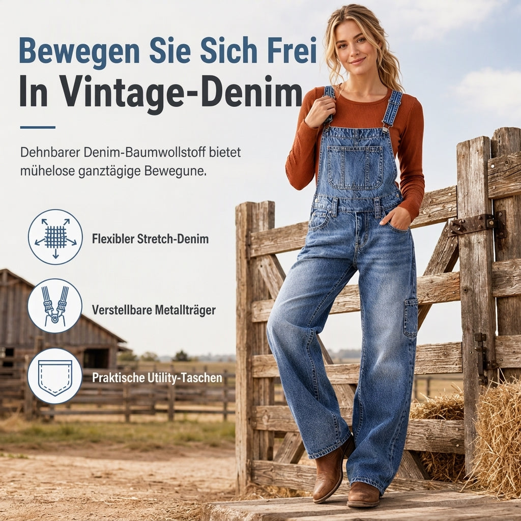 50 % Rabatt! | Damen dehnbare Jeans-Latzhose mit weitem Bein und verstellbaren Trägern