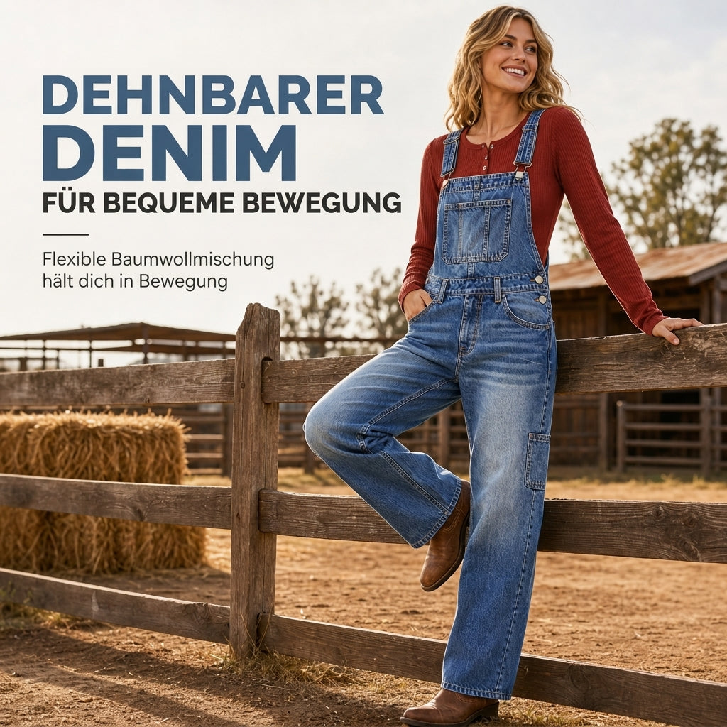 50 % Rabatt! | Damen dehnbare Jeans-Latzhose mit weitem Bein und verstellbaren Trägern