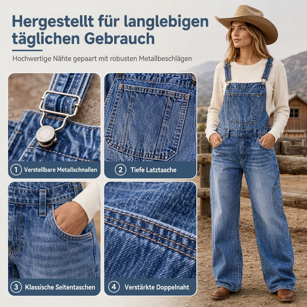 50 % Rabatt! | Damen dehnbare Jeans-Latzhose mit weitem Bein und verstellbaren Trägern
