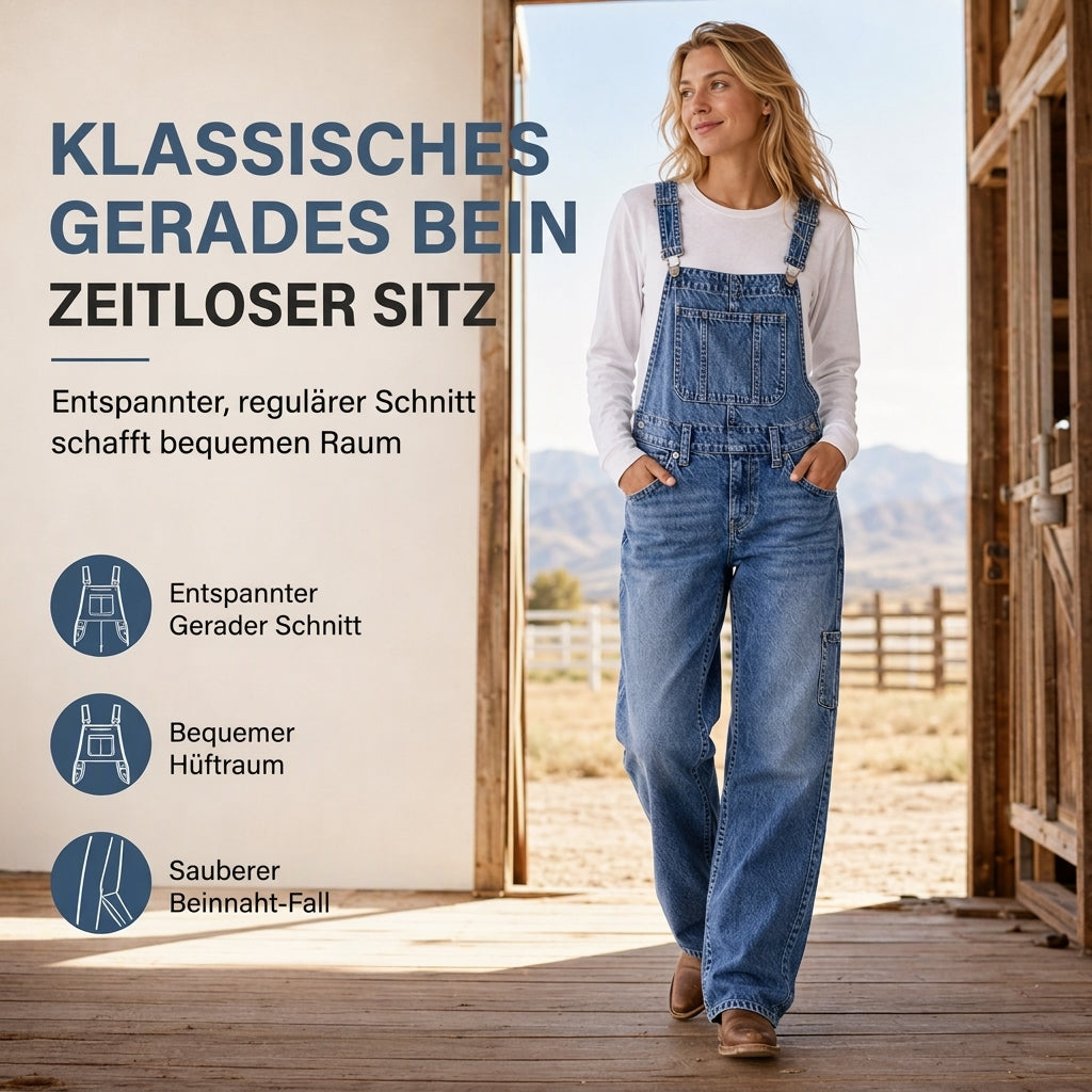 50 % Rabatt! | Damen dehnbare Jeans-Latzhose mit weitem Bein und verstellbaren Trägern