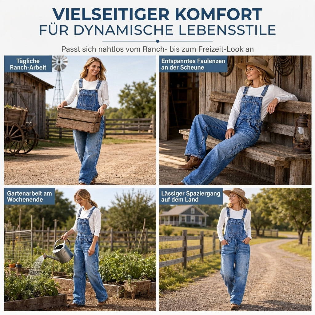 50 % Rabatt! | Damen dehnbare Jeans-Latzhose mit weitem Bein und verstellbaren Trägern