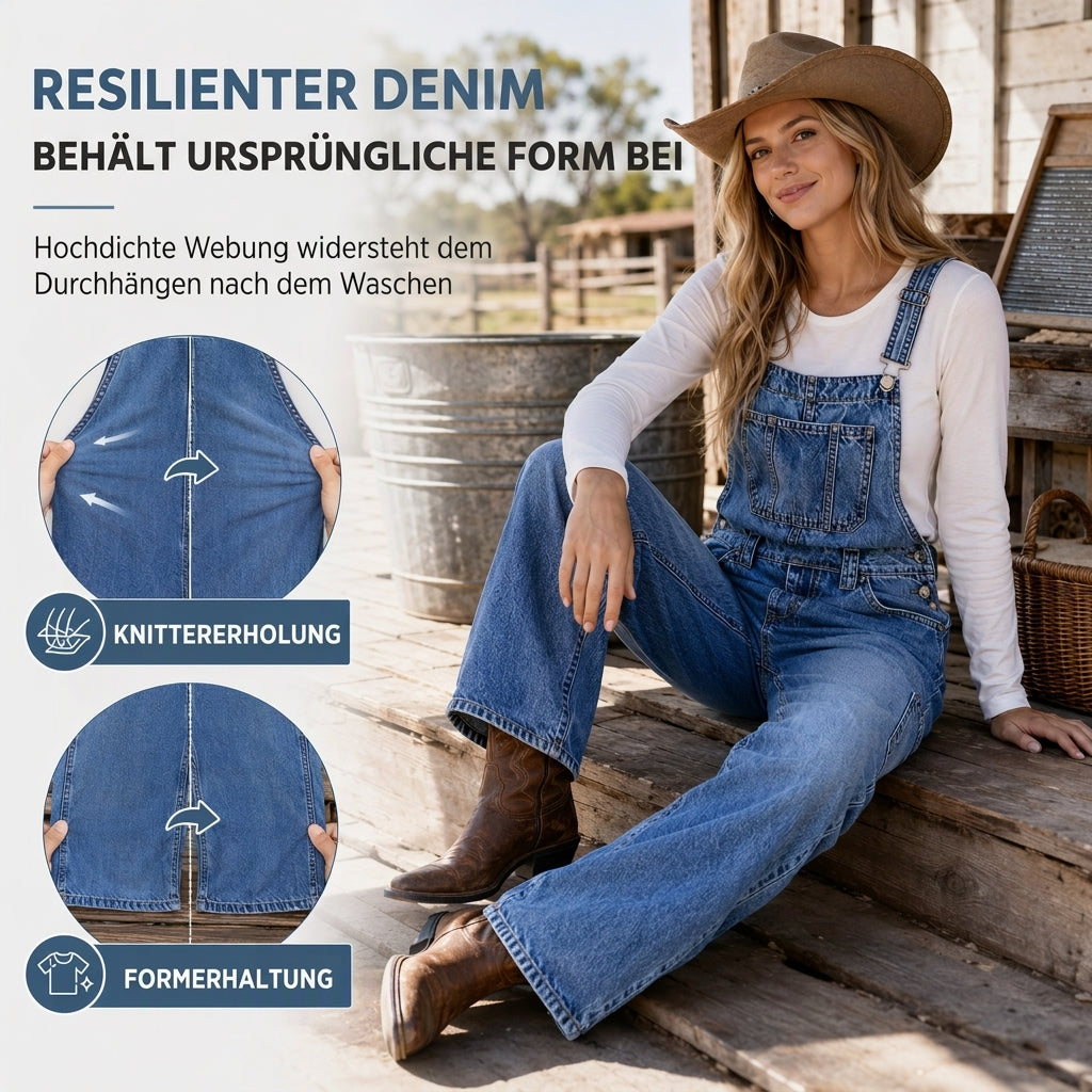50 % Rabatt! | Damen dehnbare Jeans-Latzhose mit weitem Bein und verstellbaren Trägern