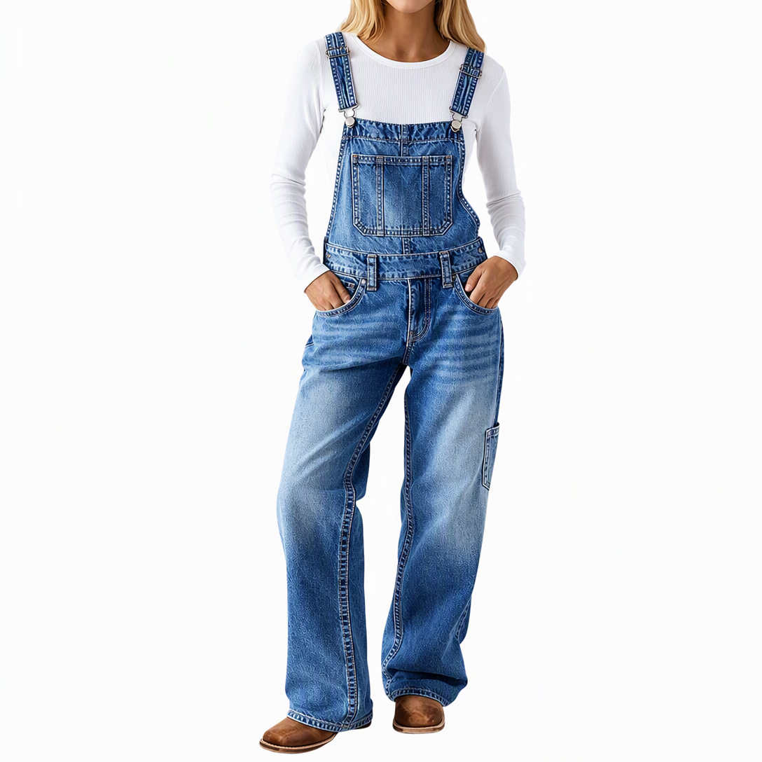 50 % Rabatt! | Damen dehnbare Jeans-Latzhose mit weitem Bein und verstellbaren Trägern