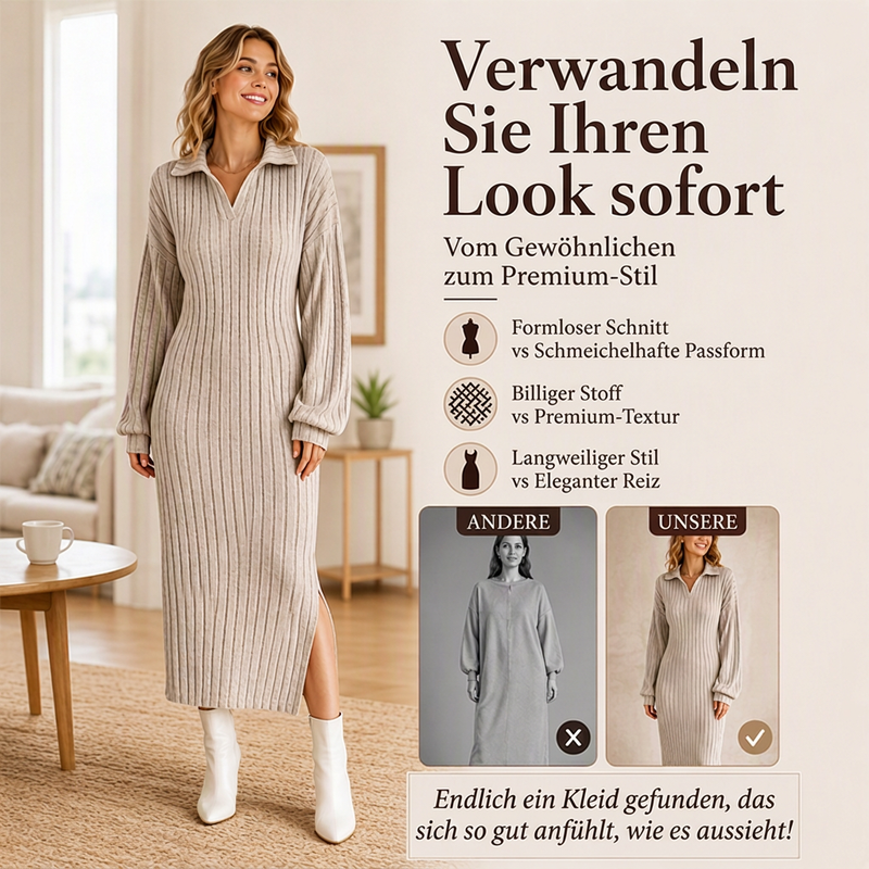 ✨Neu Eingetroffen! Geripptes Maxikleid mit Kragen und Schlitz für Damen