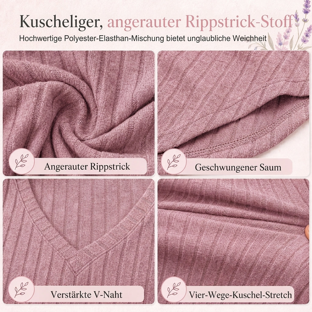 📢🎉🛍️✨Damen Übergrößen V-Ausschnitt Langarm Geripptes Gebürstetes T-Shirt Locker Sitzendes Einfarbiges Pullover-Oberteil