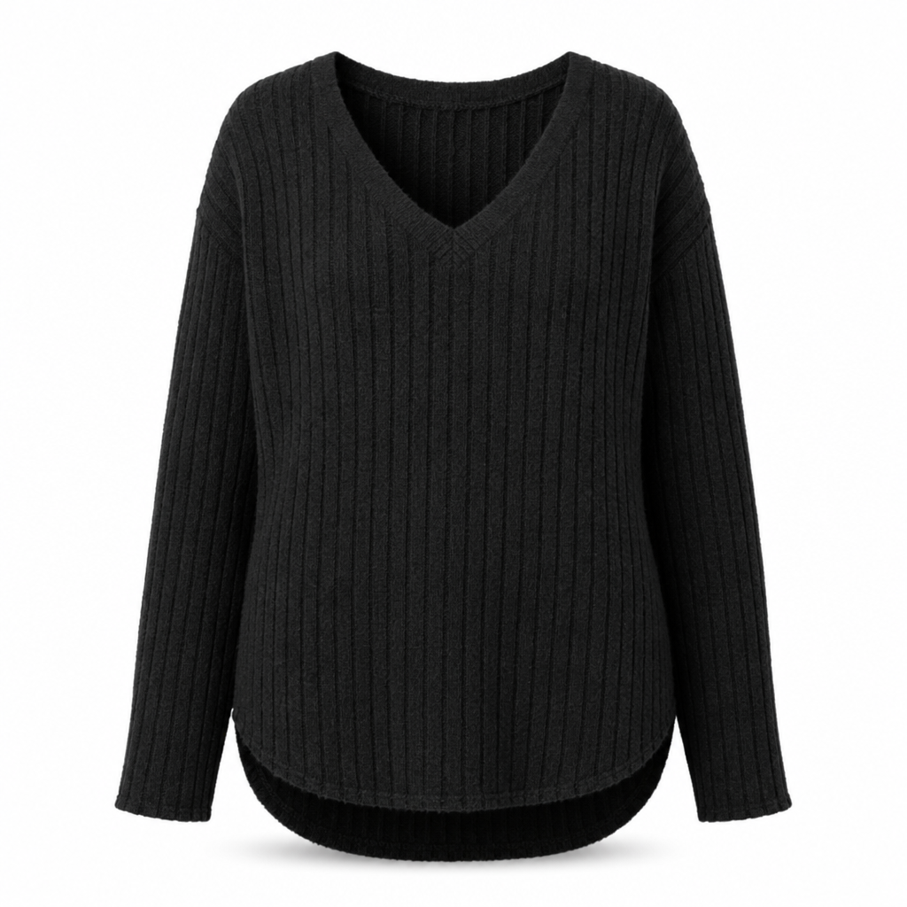 📢🎉🛍️✨Damen Übergrößen V-Ausschnitt Langarm Geripptes Gebürstetes T-Shirt Locker Sitzendes Einfarbiges Pullover-Oberteil