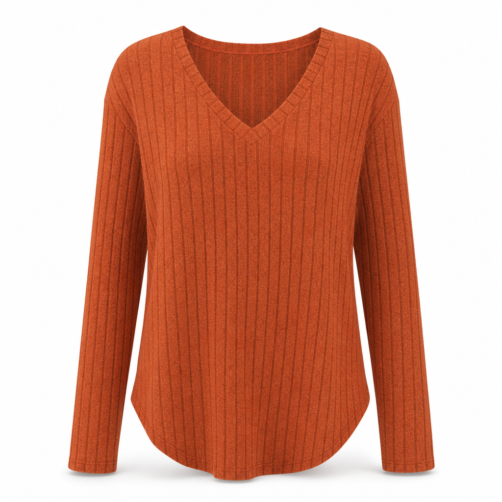 📢🎉🛍️✨Damen Übergrößen V-Ausschnitt Langarm Geripptes Gebürstetes T-Shirt Locker Sitzendes Einfarbiges Pullover-Oberteil