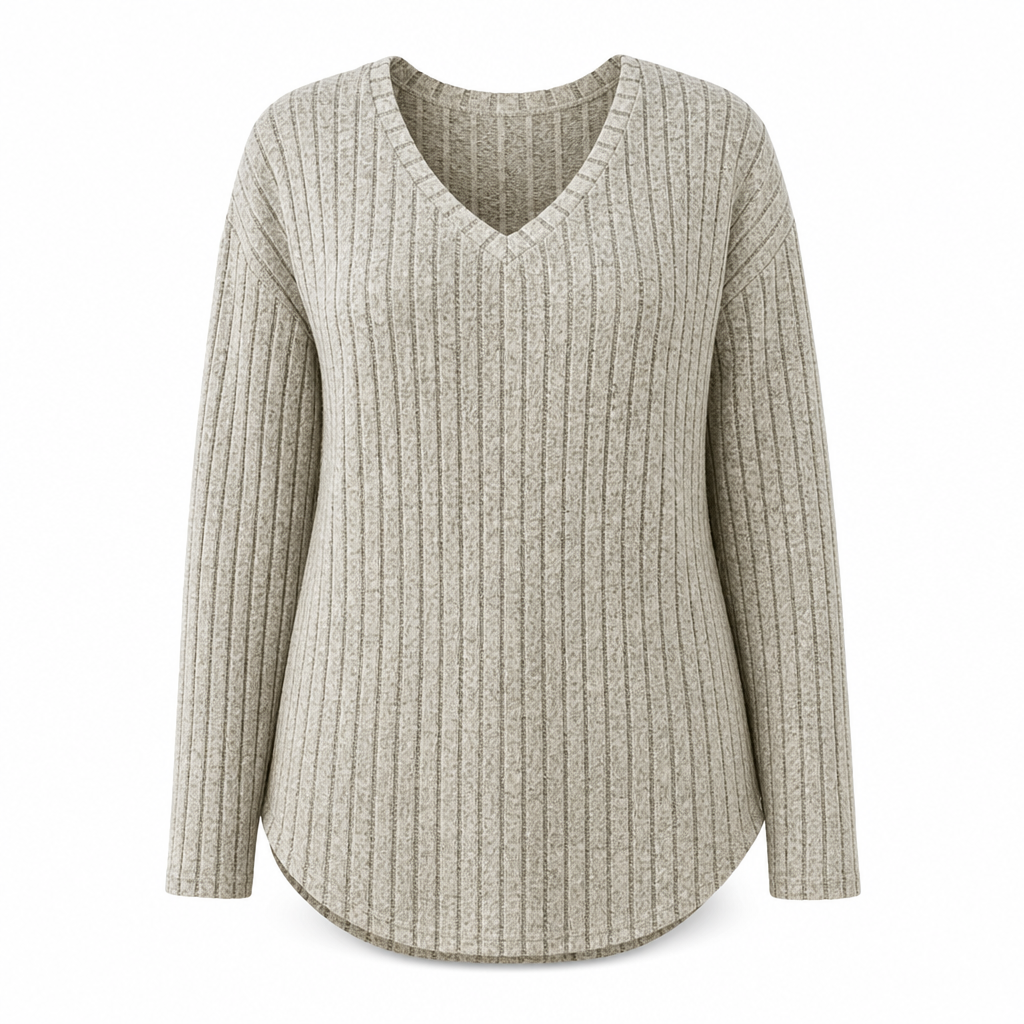 📢🎉🛍️✨Damen Übergrößen V-Ausschnitt Langarm Geripptes Gebürstetes T-Shirt Locker Sitzendes Einfarbiges Pullover-Oberteil