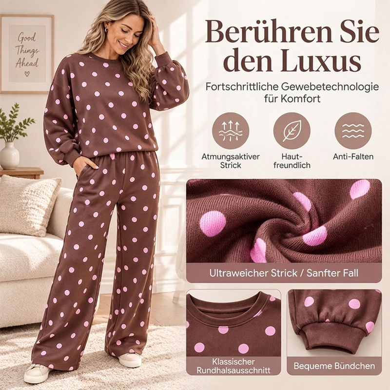 🔥Nur heute: 50% Rabatt!🔥 Damen-Punkte-Top und Hosen mit weitem Bein Set