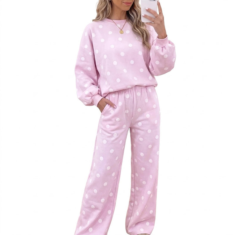 🔥Nur heute: 50% Rabatt!🔥 Damen-Punkte-Top und Hosen mit weitem Bein Set
