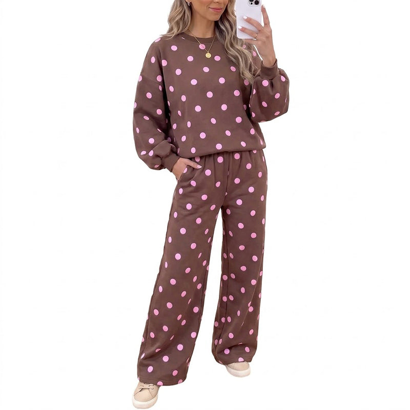 🔥Nur heute: 50% Rabatt!🔥 Damen-Punkte-Top und Hosen mit weitem Bein Set
