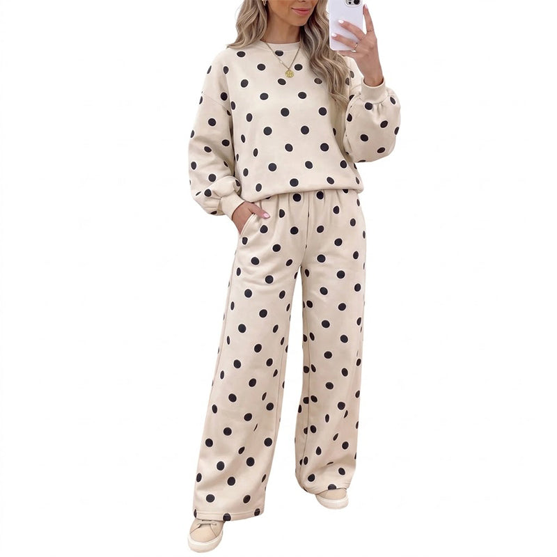 🔥Nur heute: 50% Rabatt!🔥 Damen-Punkte-Top und Hosen mit weitem Bein Set