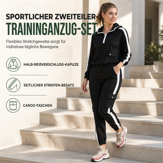 ⏰Letzte Chance! Jetzt zugreifen!⏰ Damen Freizeit 2-Teiler Outfit: mit Reißverschluss und Kapuze ausgestattetes Langarmshirt + Cargojogginghose mit Taschen