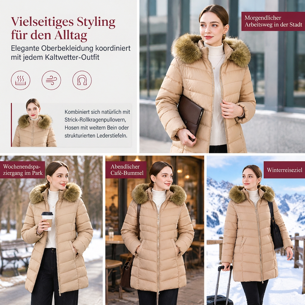 ⏰ Countdown läuft – 50% nur noch 3 Tage! Damen mittel langer, taillierter Winter Steppmantel mit grobem Pelzkragen, Oberbekleidung