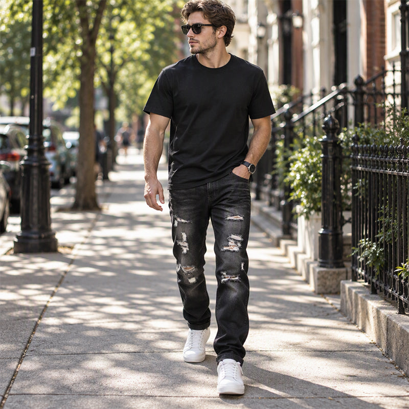 🔥 Nur heute 50 %! Herren zerrissene, schmale, used-out Denim-Jeans