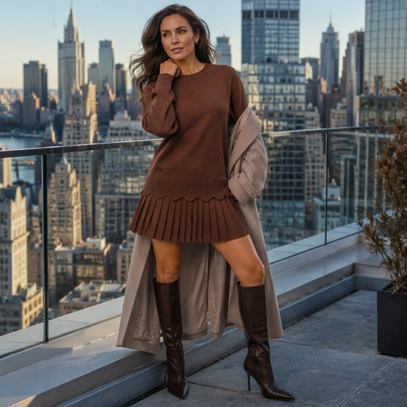 ✨ Neu eingetroffen – Nur heute 50 %! Damen Zweiteiler aus Pullover mit Muschelkante und Plisseerock