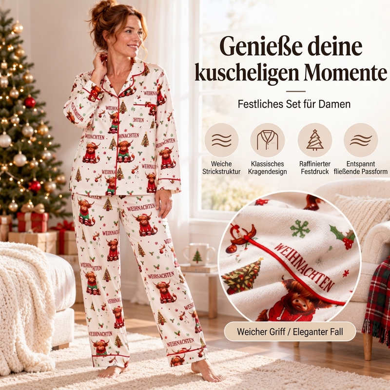 🌲Frühzeitiger Weihnachtsrabatt: 50% Rabatt!🌲Damen Weihnachts-Pyjama-Set mit Langarm und Schlitzkragen