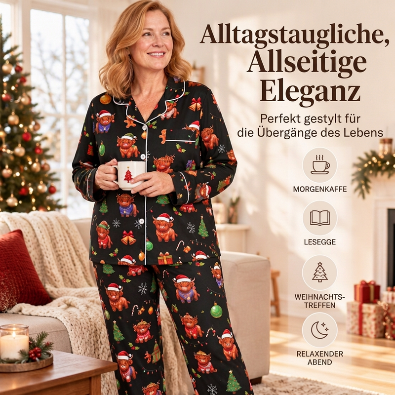 🌲Frühzeitiger Weihnachtsrabatt: 50% Rabatt!🌲Damen Weihnachts-Pyjama-Set mit Langarm und Schlitzkragen