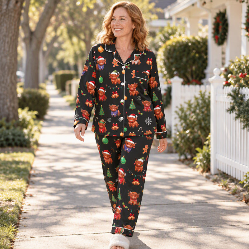 🌲Frühzeitiger Weihnachtsrabatt: 50% Rabatt!🌲Damen Weihnachts-Pyjama-Set mit Langarm und Schlitzkragen