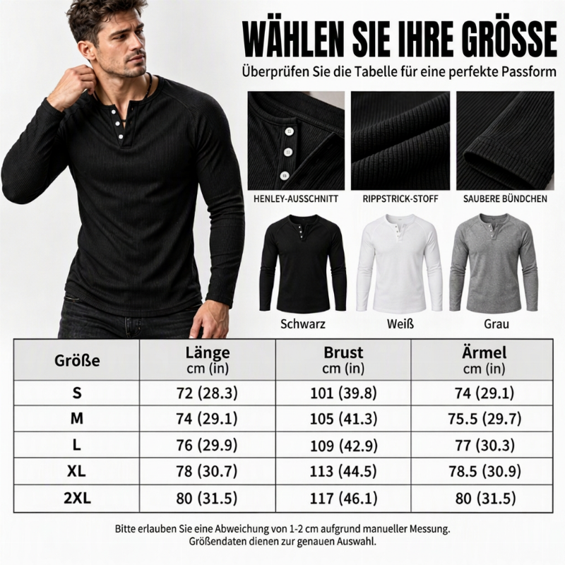 🛍️✨Lässiges, schmal geschnittenes Herren-Henley-T-Shirt mit Rippstrick
