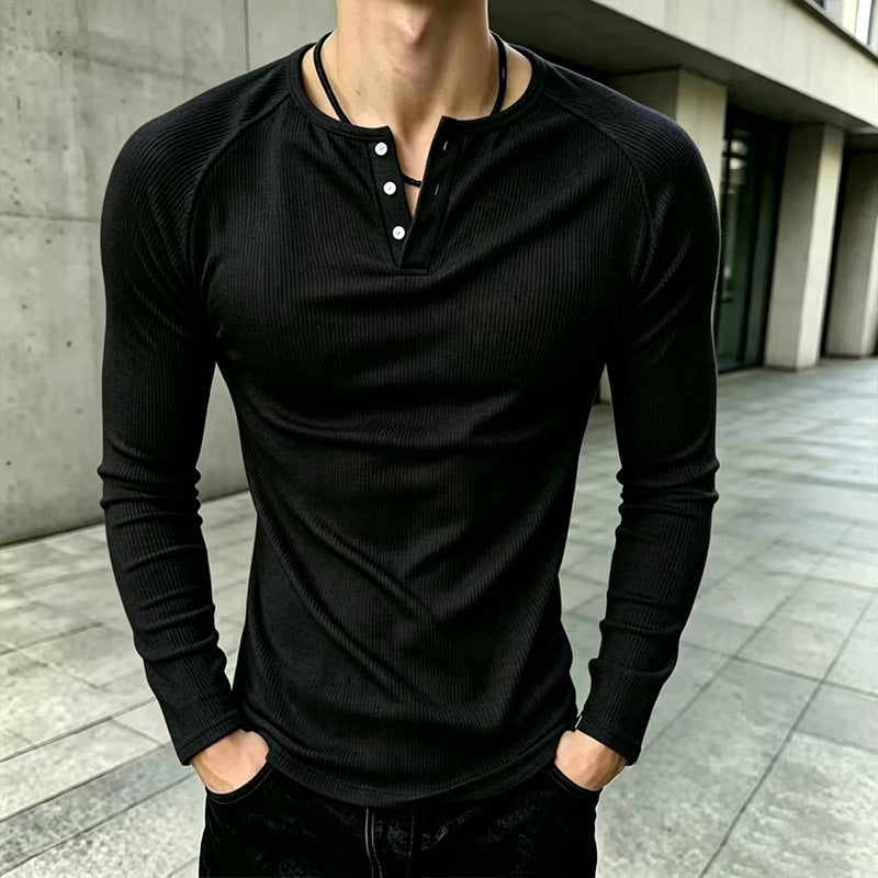 🛍️✨Lässiges, schmal geschnittenes Herren-Henley-T-Shirt mit Rippstrick