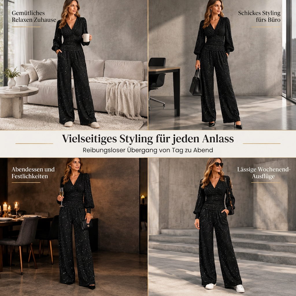 ⚡Beliebteste Wahl! 50% Rabatt!⚡Zweiteiliges Damen-Outfit Für Herbst und Winter Tiefer V-Ausschnitt, Ballonärmel, Plissiertes Oberteil und weithosen mit Taschen