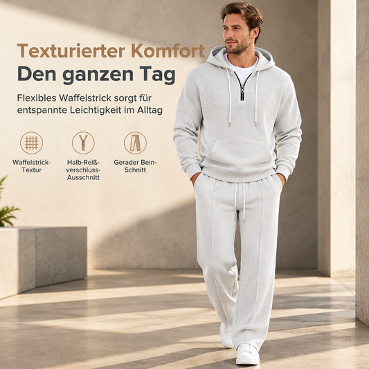 📦 Täglich 500+ Pakete versendet! Freizeit 2-Teilig Waffelstrick Trainingsanzug Herren Set, Half Zip Kapuzenpullover Und Gerade Hosen