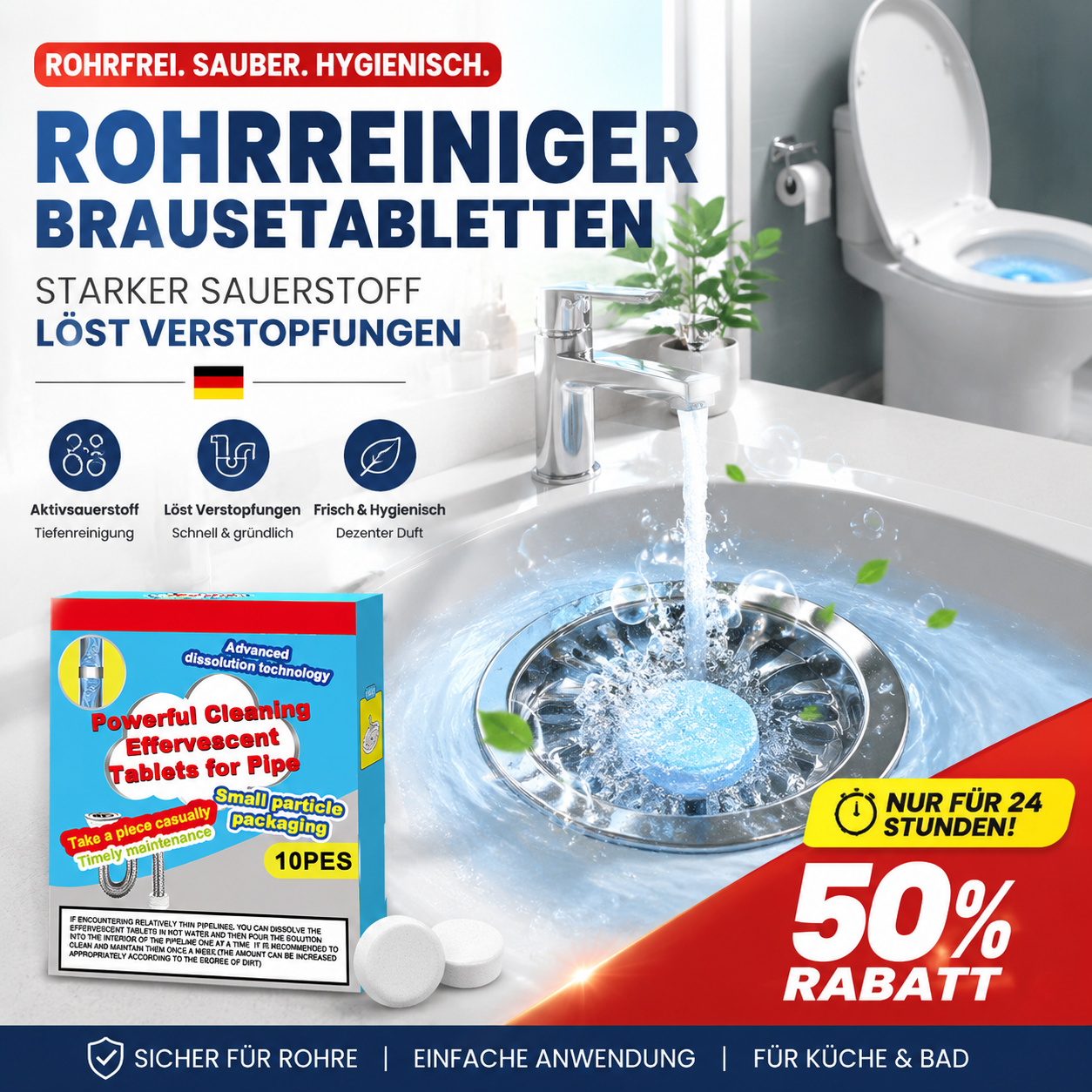 🔥50 % RABATT ❤️ Leistungsstarke Reinigungstabletten für Abflüsse – lösen schnell Haare und Fettablagerungen, entfernen unangenehme Gerüche und wirken antibakteriell für Waschbecken, Toilette und Bodenabläufe.